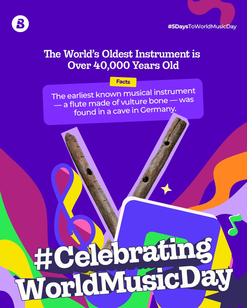 Our earliest ancestors had to vibe.🪈🎶 Even in the Ice Age, they found rhythm in wind, in bones,in the silence of caves.🫶🏾

It’s #5DaysToWorldMusicDay, and we’re digging into music’s roots, one day at a time until June 21st.🌏🎶

#WorldMusicDay2025 #FunFactsAboutMusic #Boomplay