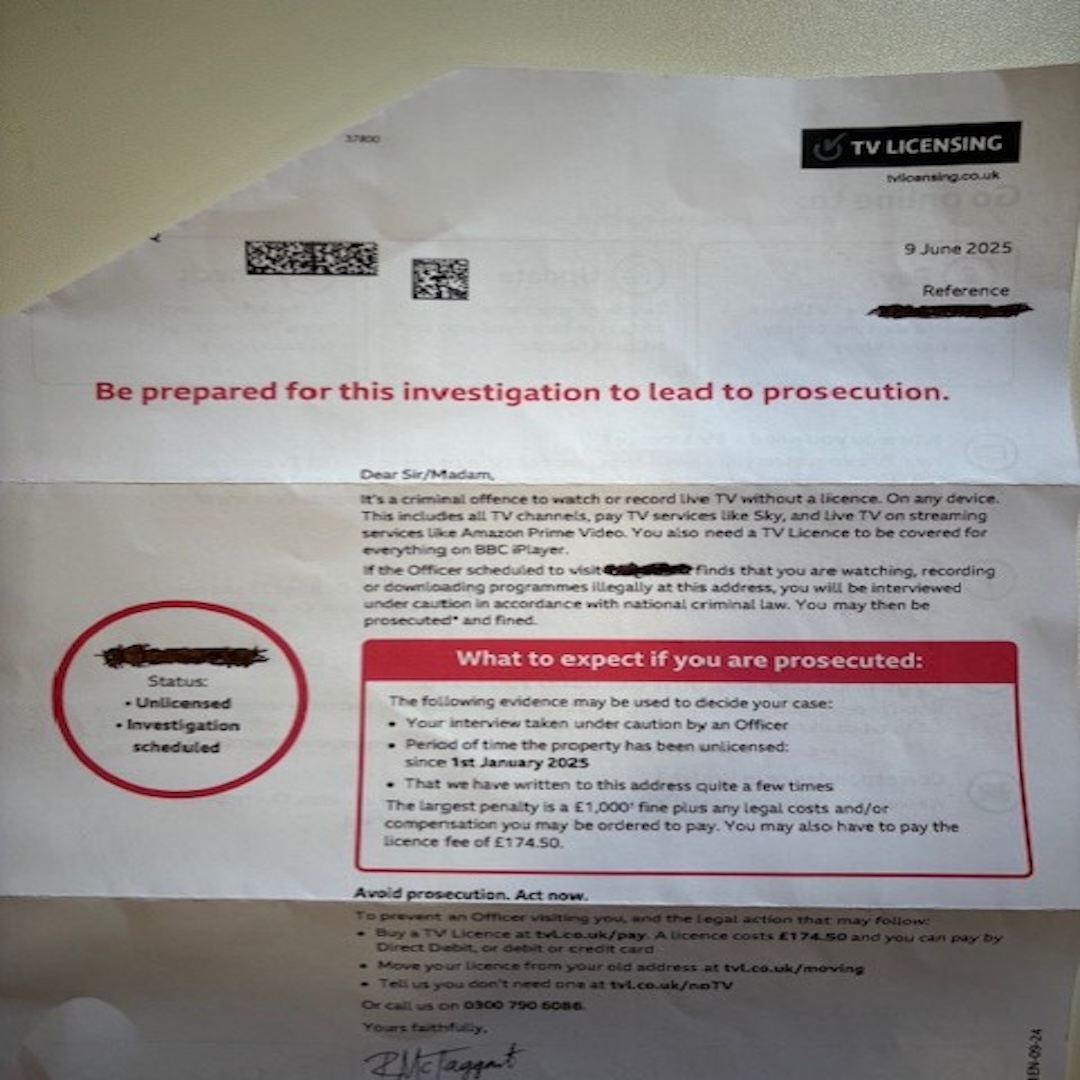 I've received another charming letter from TV Licensing threatening prosecution. 
#BBC #Woke #TVLicence