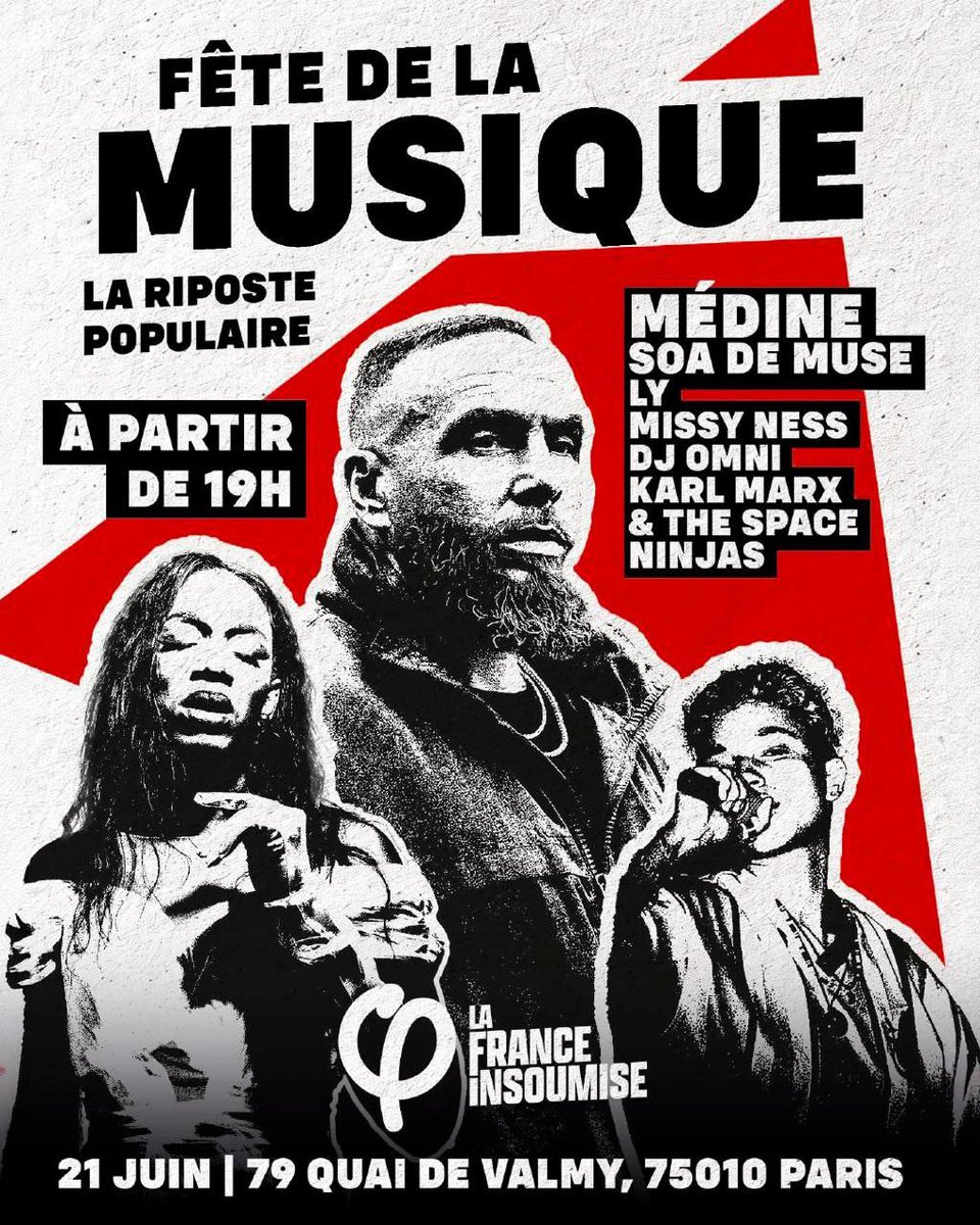 🔴 Fête de la Musique : la riposte populaire !

Rendez-vous pour la fête de la musique ce samedi 21 juin à partir de 19h sur le bord du canal Saint-Martin à Paris (79 quai de Valmy). 

Avec <a href="/Medinrecords/">Médine</a>, #SoaDeMuse, #Ly et d'autres artistes.