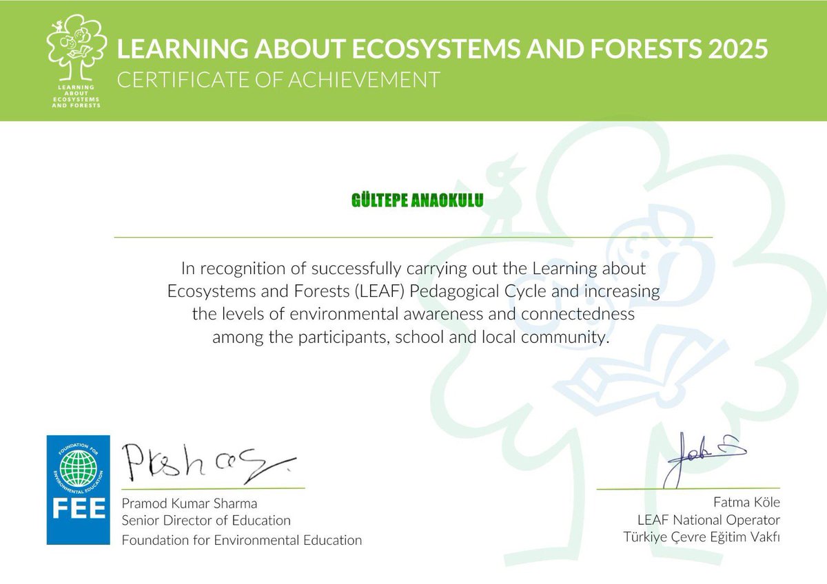 🏆 Gültepe Anaokulu olarak Uluslararası Orman Programı ve LEAF sertifikalarını almaya hak kazandık! 🌍🌲
Doğa sevgisini ve çevre bilincini çocuklarımıza aşılamaya devam edeceğiz. 🍃 #okullardaorman <a href="/EkoOkullar_TR/">Eko-Okullar Türkiye</a>