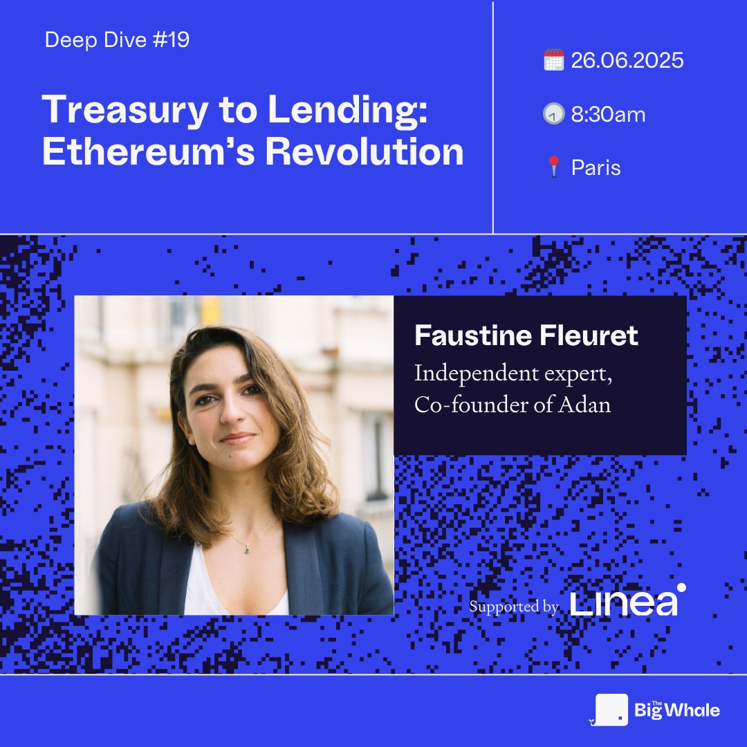 The Big Whale 🐳 (@thebigwhale_) on Twitter photo 📢 Faustine Fleuret (<a href="/faufleuret/">Faustine Fleuret</a>), co-founder of ADAN, former AMF and Consensys, will join us for our next Deep Dive in Paris.
On June 26, she’ll share how institutions can navigate rules and governance as they embrace Ethereum-based finance.
📍Paris | 🎟️ Limited seats
👉 📢 Faustine Fleuret (<a href="/faufleuret/">Faustine Fleuret</a>), co-founder of ADAN, former AMF and Consensys, will join us for our next Deep Dive in Paris.
On June 26, she’ll share how institutions can navigate rules and governance as they embrace Ethereum-based finance.
📍Paris | 🎟️ Limited seats
👉