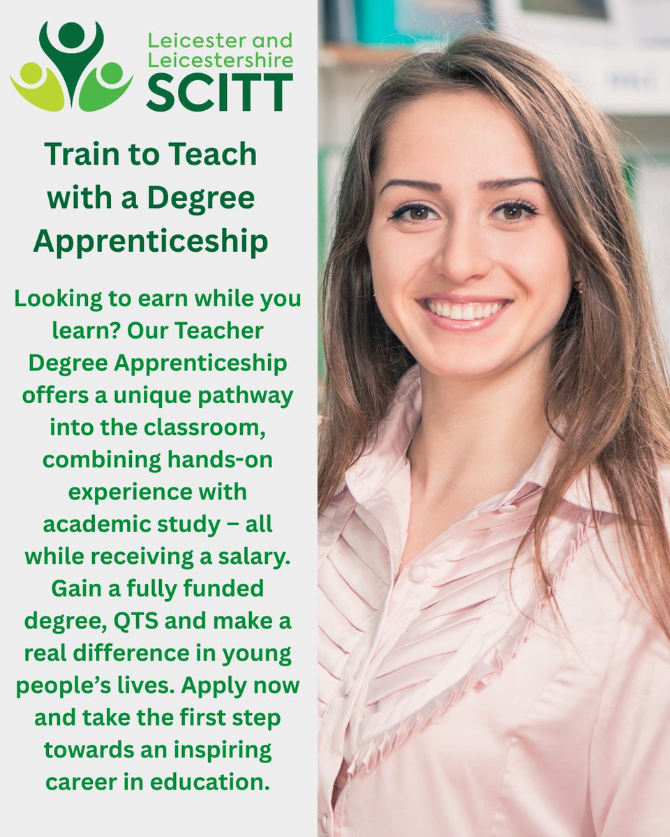 Already working in a school and want to train to teach? 🎓
The Teacher Degree Apprenticeship could be your perfect route into the classroom!

👉 Find out more: shorturl.at/f2vah
📝 Apply now: shorturl.at/TROPO

#TrainToTeach #TeacherApprenticeship #SCITT