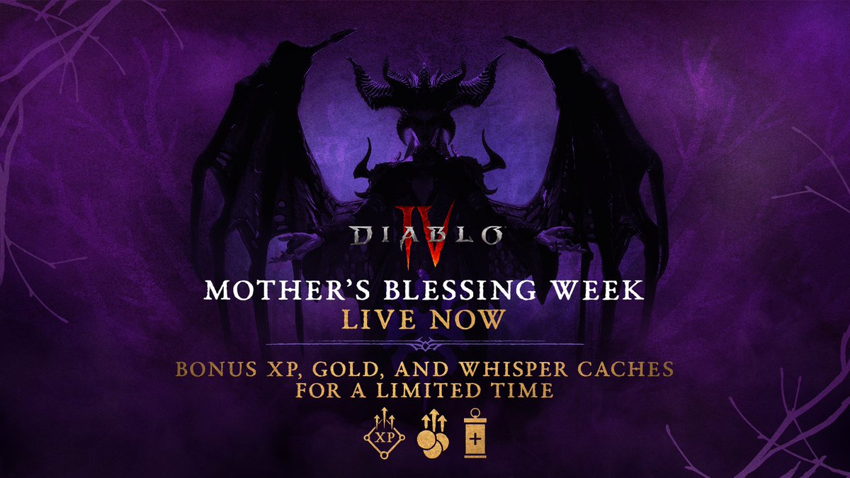 Don’t miss your chance to grow your power, wanderer. ⚔️ Mother’s Blessing ends soon.

Log in today to get bonus XP, gold, and Whisper Caches in #DiabloIV while you still can.