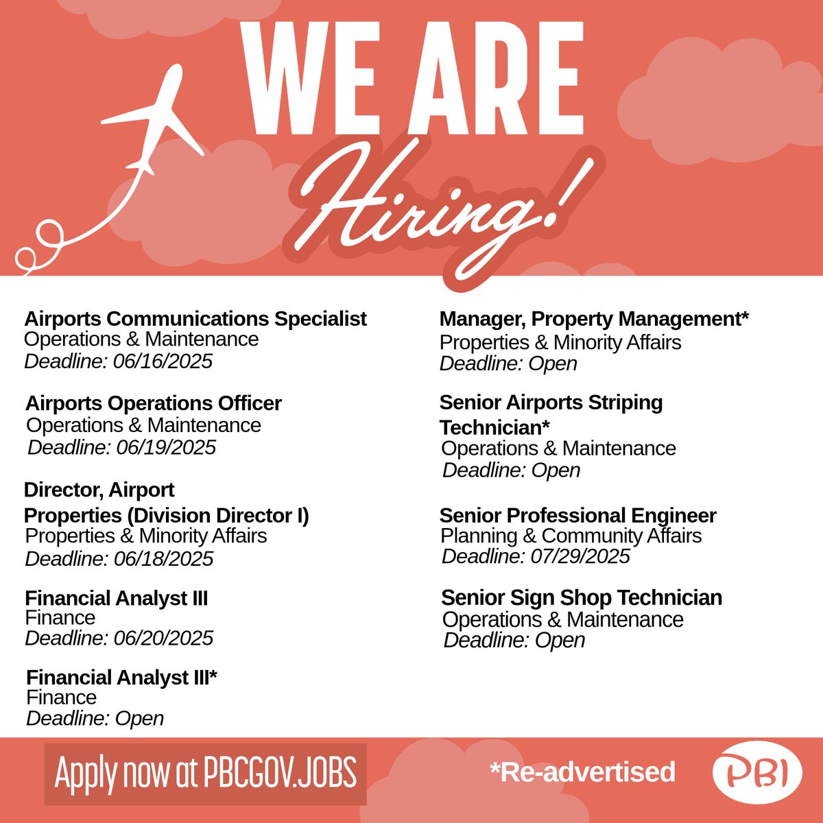 COME WORK WITH US! 

Ready to launch your career? Your future at the airport starts here!

Discover exciting opportunities and take the first step today: pbcgov.jobs ✨