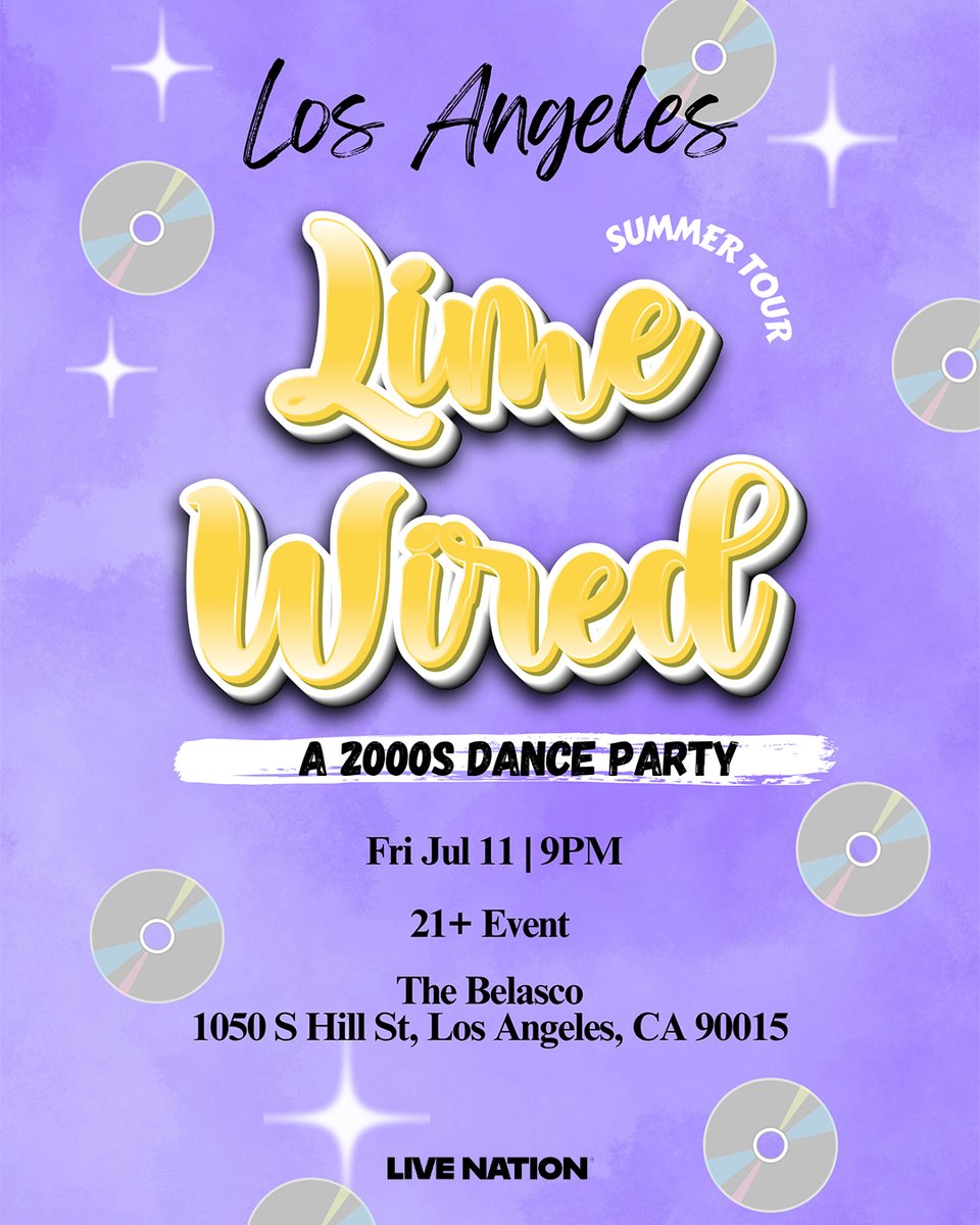 Los Angeles! The LIMEWIRED 2000s Dance Party is coming to The Belasco on Friday, July 11.

💿 Presale starts Tuesday (6/17) at 10AM. Use code: TREBLE
💿 General on sale Friday (6/20) at 10AM.

This is a 21+ event. For more information, head to thebelasco.com
