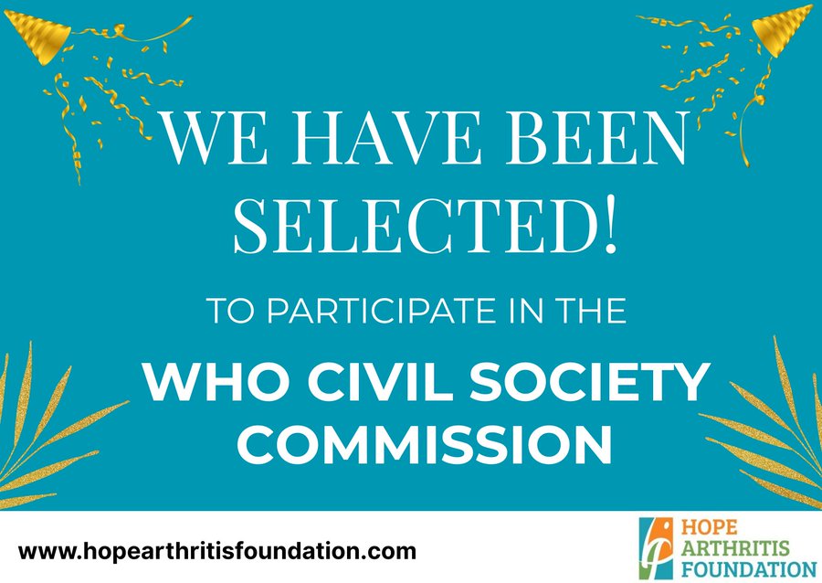🌍 We’re now on the global stage💪🏾

<a href="/HopeArthritis/">Hope Arthritis Foundation</a> has been selected to join the <a href="/WHO/">World Health Organization (WHO)</a>  Civil Society Commission amplifying African voices for children with arthritis &amp; rheumatic diseases

🙏🏾 Thank you for believing in our vision
👉🏽 Follow us to stay updated &amp; join the movement