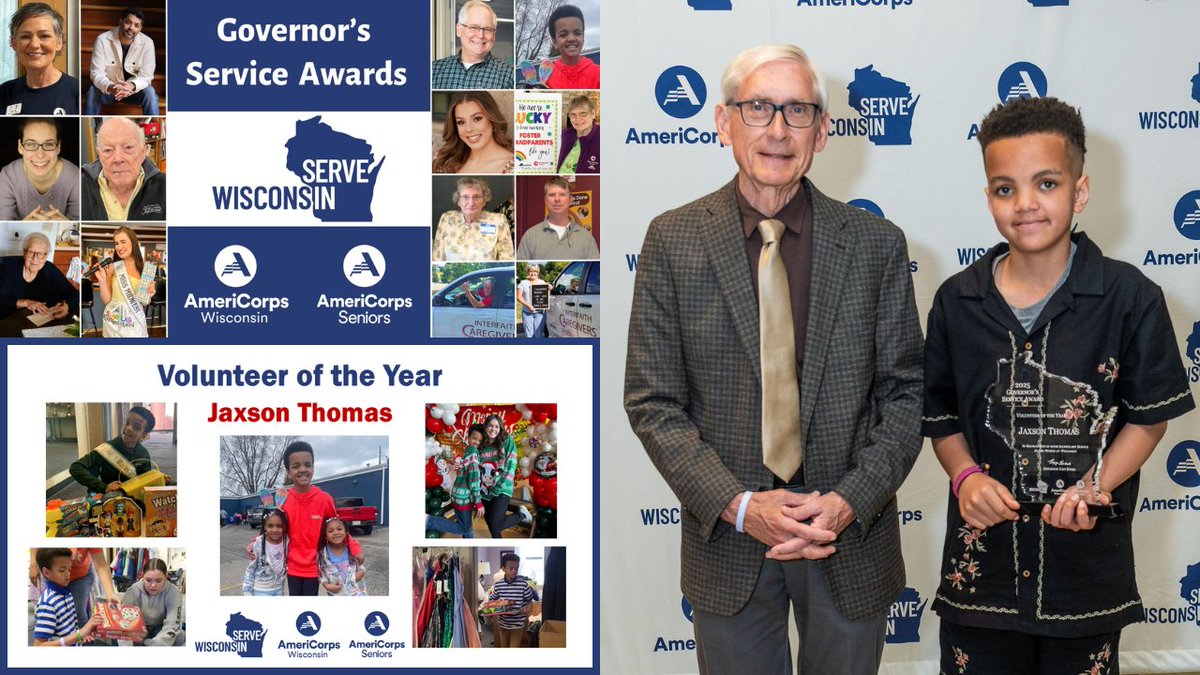 ServeWisconsin's tweet image. Congratulations to Jaxson Thomas, Volunteer of the Year honoree at the 2025 Governor’s Service Awards!
Watch Jaxson receive his award from @GovEvers & hear about his service organizing “Jaxson’s Toy Drive" to provide holiday gifts to 100+ families
VIDEO: youtu.be/x7tUeU4aqdU