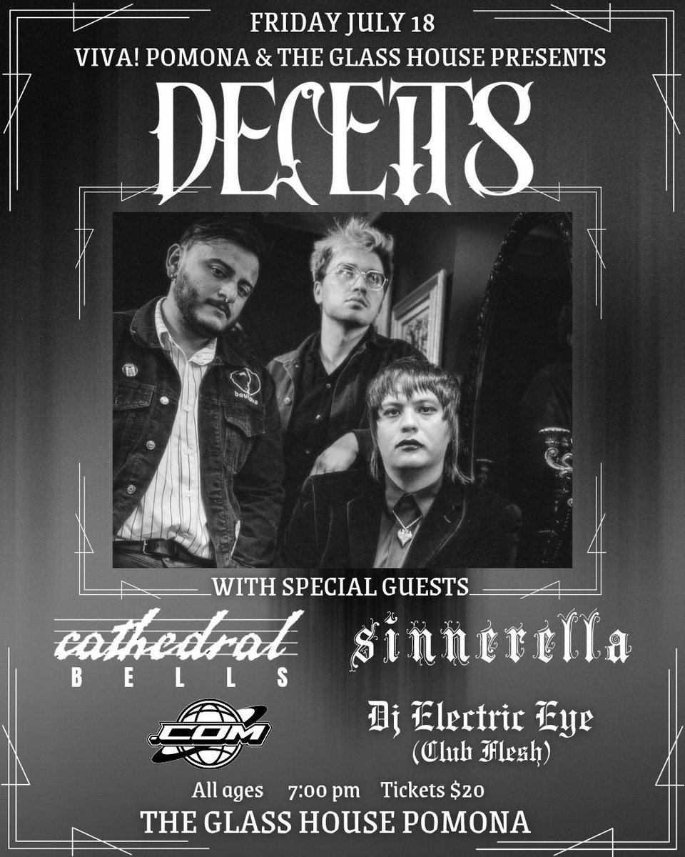 ๐๐๐๐๐๐๐ (@deceits_band) on Twitter photo Have you heard weโre playing this stacked show with <a href="/cathedralbells_/">cathedral bells</a> , Sinnerella & .Com yet? The Glass House is gonna be lit July 18th!
dice.fm/partner/glass-โฆ Have you heard weโre playing this stacked show with <a href="/cathedralbells_/">cathedral bells</a> , Sinnerella & .Com yet? The Glass House is gonna be lit July 18th!
dice.fm/partner/glass-โฆ