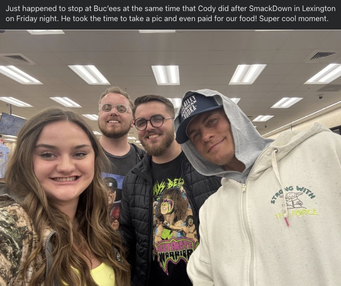 MANIACLUBWWE's tweet image. Mania Club member Jordan shared a story about how they randomly met @CodyRhodes at a @bucees in Lexington. He snapped a pic and then paid for their food 🖤
For this and many other reasons, he remains GOATed
W Cody always