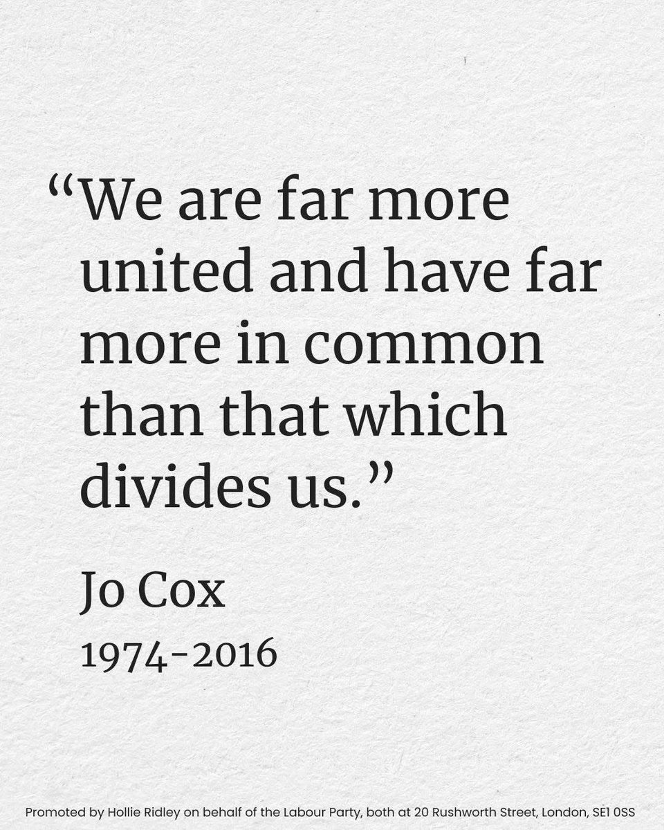 “We are far more united and have far more in common than that which divides us.” Nine years on, Jo’s words still ring true

She was a passionate campaigner for compassion, justice &amp; unity &amp; we honour her memory by living those values today. 💛
#MoreInCommon #JoCox