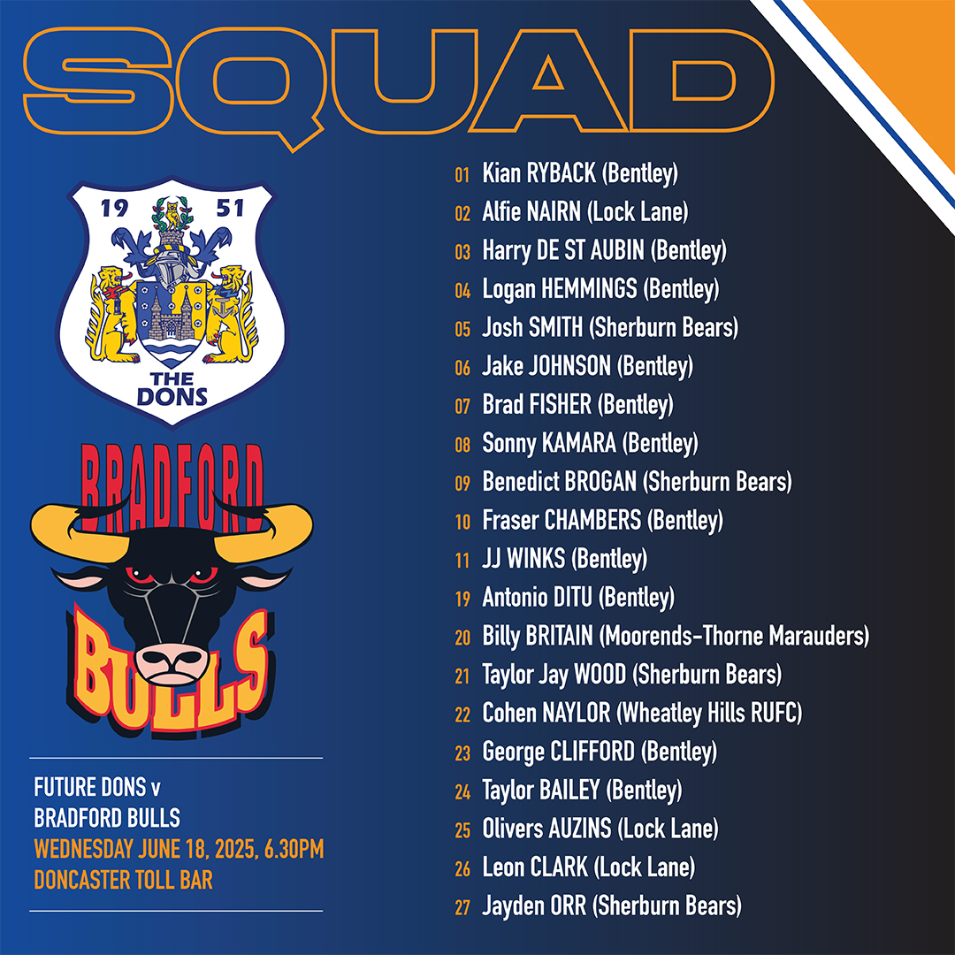 Doncaster RLFC (@doncaster_rlfc) on Twitter photo Future Dons Squad Announcement
The Future Dons are taking on <a href="/OfficialBullsRL/">Bradford Bulls</a> this Wednesday June 18 <a href="/Donnytollbar/">Doncaster Toll Bar</a> (6.30pm kick-off).
Head of development Andy Castle has named his matchday squad.
๐ต #COYD ๐ Future Dons Squad Announcement
The Future Dons are taking on <a href="/OfficialBullsRL/">Bradford Bulls</a> this Wednesday June 18 <a href="/Donnytollbar/">Doncaster Toll Bar</a> (6.30pm kick-off).
Head of development Andy Castle has named his matchday squad.
๐ต #COYD ๐