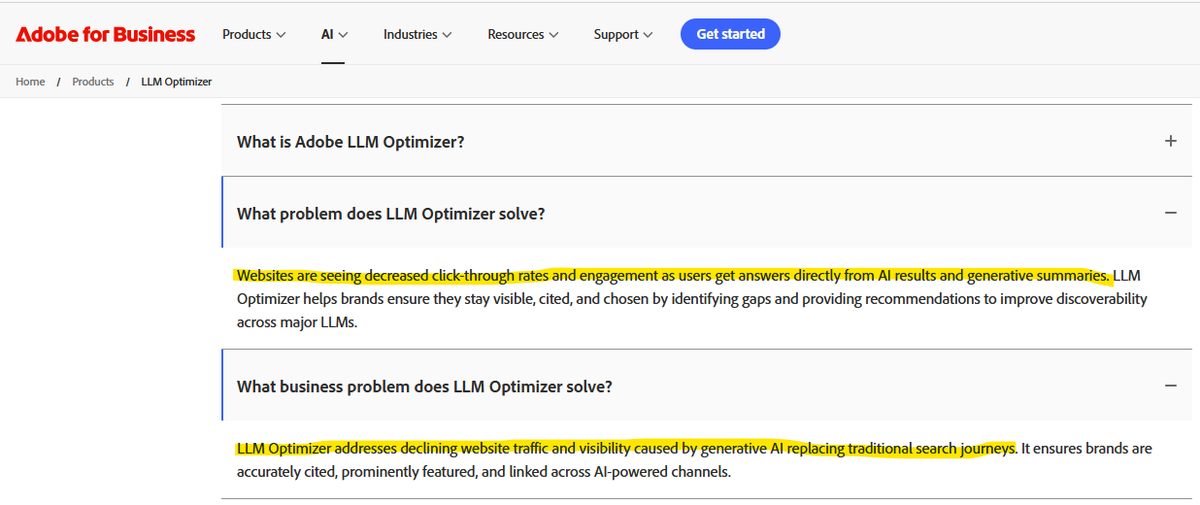 TheSurenk's tweet image. Overall websites traffic is going down.. now @Adobe #LLMOptimizer business.adobe.com/products/llm-o… may have some solution?