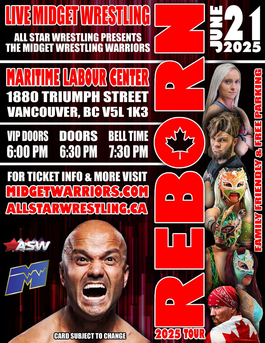 ASW CANADA (@aswcanada) on Twitter photo Vancouver, we are down to our last 25 standing room only seats to be Reborn! with <a href="/AweSampson/">Short Sleeve Sampson</a> and the <a href="/warriormidgets/">Midget Wrestling Warriors</a>!
Get your tickets ASAP before we announce a SELL OUT prior to show time this Saturday!
vtixonline.com/all-star-wrest… Vancouver, we are down to our last 25 standing room only seats to be Reborn! with <a href="/AweSampson/">Short Sleeve Sampson</a> and the <a href="/warriormidgets/">Midget Wrestling Warriors</a>!
Get your tickets ASAP before we announce a SELL OUT prior to show time this Saturday!
vtixonline.com/all-star-wrest…