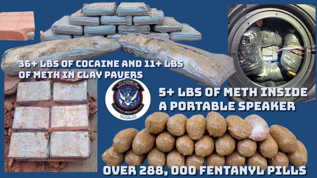 3 drug seizures in 1 week. 

In multiple seizures since May 14, Nogales has seized 1,119,000+ Fentanyl Pills, 1+ lb. of Fentanyl powder, 1,059+ lbs. Methamphetamine, and 63+ lbs. Cocaine.