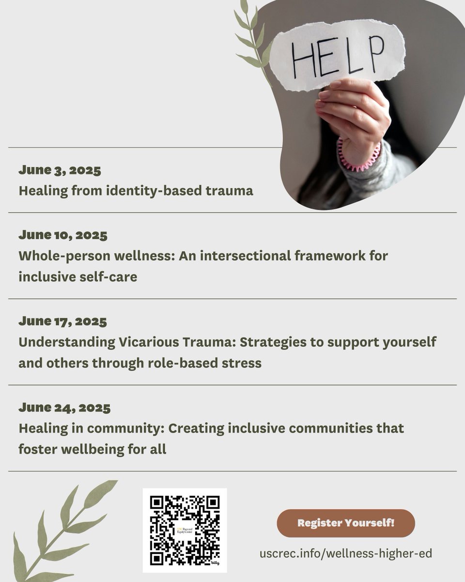 USCRaceEquity's tweet image. 🚨 Higher ed professionals — still time to join the final 2 sessions of Inclusive Wellness for Higher Ed Professionals. 

Attend individually — one is TOMORROW, the next is next Tuesday!

Led by trauma-informed expert Brandi Junious 🌱

Sign up: uscrec.info/wellness-highe…

#HigherEd