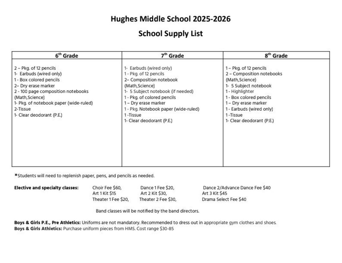 ✏️HMS 25-26 School Supply List