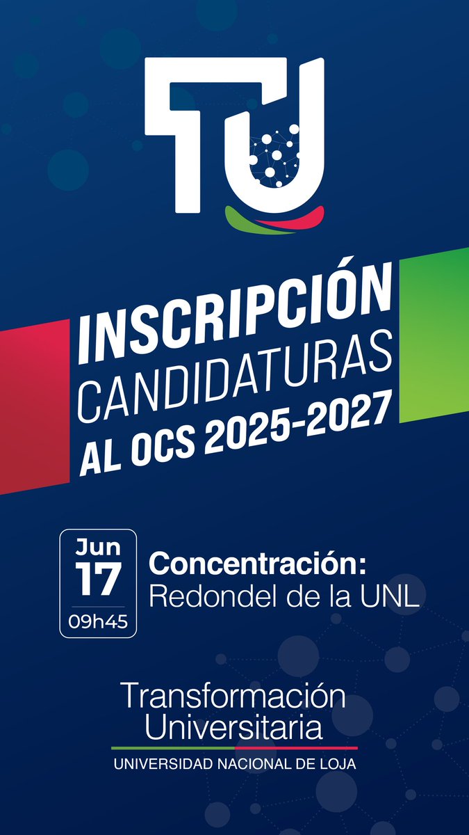 📢 ¡Transformación Universitaria los invita a acompañar a nuestros candidatos!

Este martes 17 de junio nos concentraremos en el Redondel de la UNL desde las 09h45 para inscribir las candidaturas al Órgano Colegiado Superior (OCS) del periodo 2025‑2027.

#TransformaciónUNL