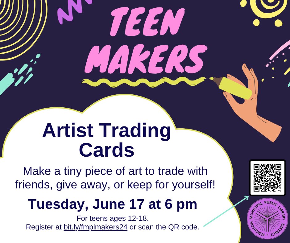 Tomorrow night at 6 pm is Teen Makers! Join us as we make artist trading cards. Let us know you're coming by registering at bit.ly/fmplmakers24. For teens ages 12-18.