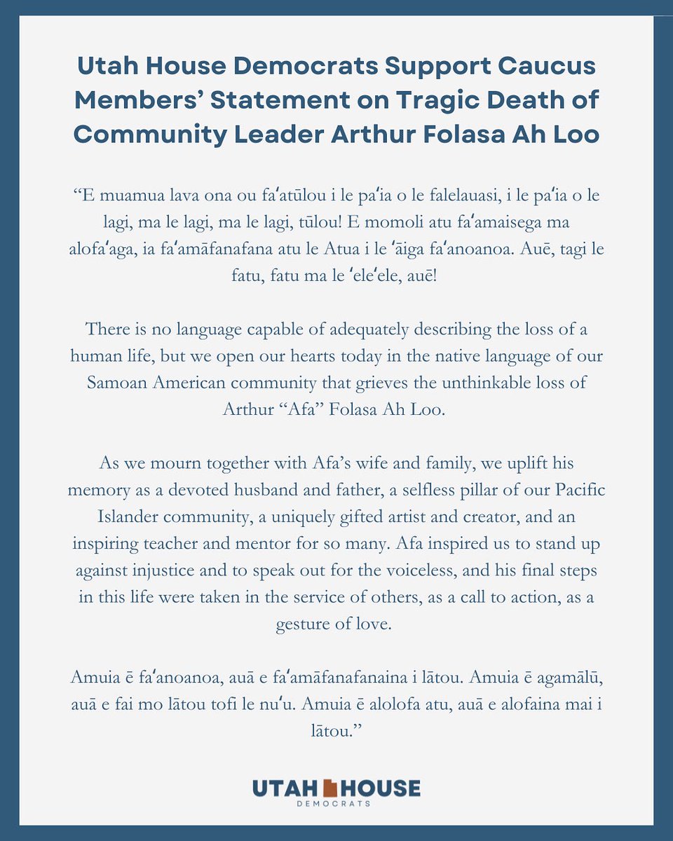 utahhousedems's tweet photo. Utah House Democrats support Representatives Verona Mauga’s and Jake Fitisemanu’s statement on tragic death of community leader Arthur Folasa Ah Loo. https://t.co/BUGIfMuSOe