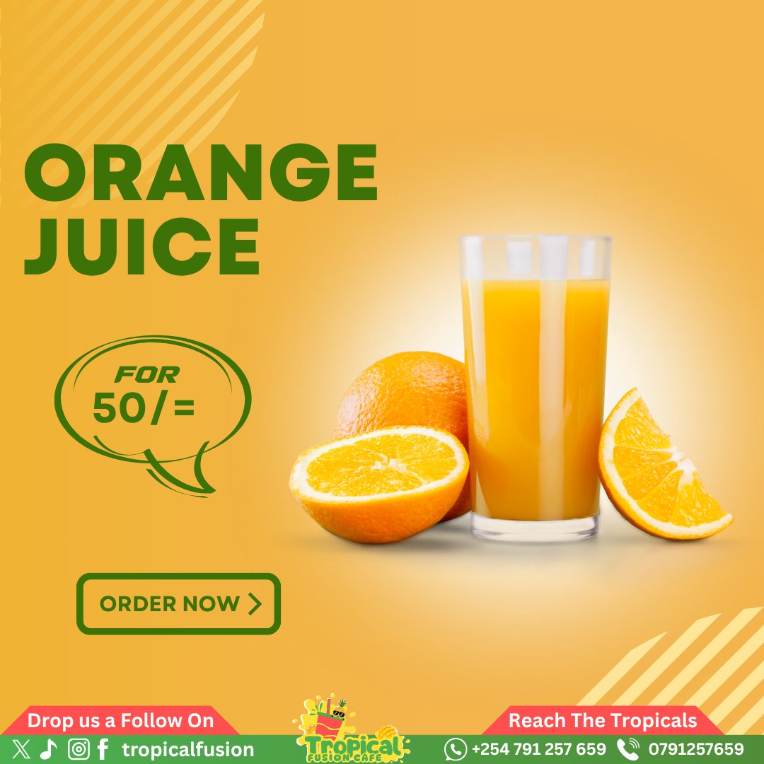 TropicalFusi0n's tweet photo. Fresh. Natural. Only 50 KES.
Get your daily boost with Tropical Fusion Café’s fresh orange juice. Order now or pass by.
#TropicalFusionCafe #OrangeJuiceKenya #JuiceBreak #HealthyNairobi #KenyanCafes https://t.co/HSXv8uxHhd