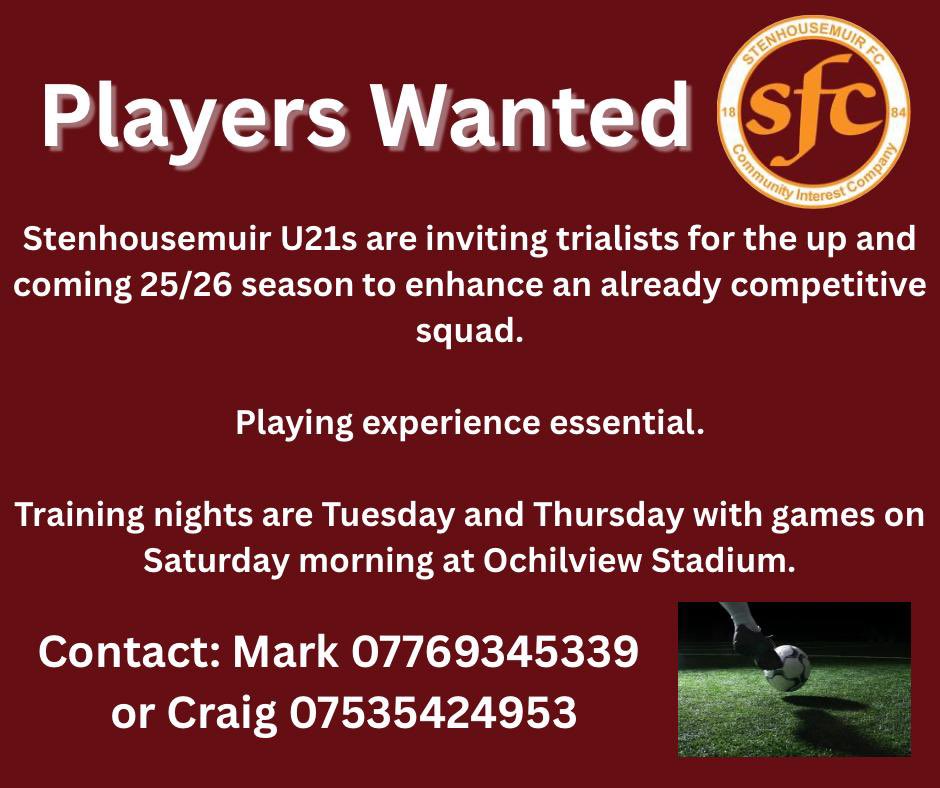 Stenhousemuir FC U21s (@stenhousemuir05) on Twitter photo Weβre now in a position to start our recruitment for next season.
Please message if interested. <a href="/TeamfinderScot1/">Team Finder Scotland</a> Weβre now in a position to start our recruitment for next season.
Please message if interested. <a href="/TeamfinderScot1/">Team Finder Scotland</a>