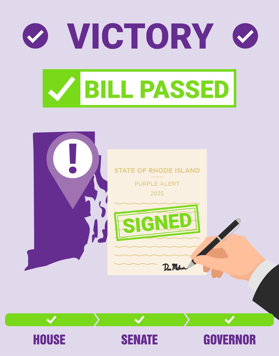 ✍️ SIGNED: A new alert to find missing people with disabilities has been finalized!

With the Governor's signature, RI is now just the 6th state to have a PURPLE ALERT.

This is a huge step forward for disability rights and safety. 💜💚