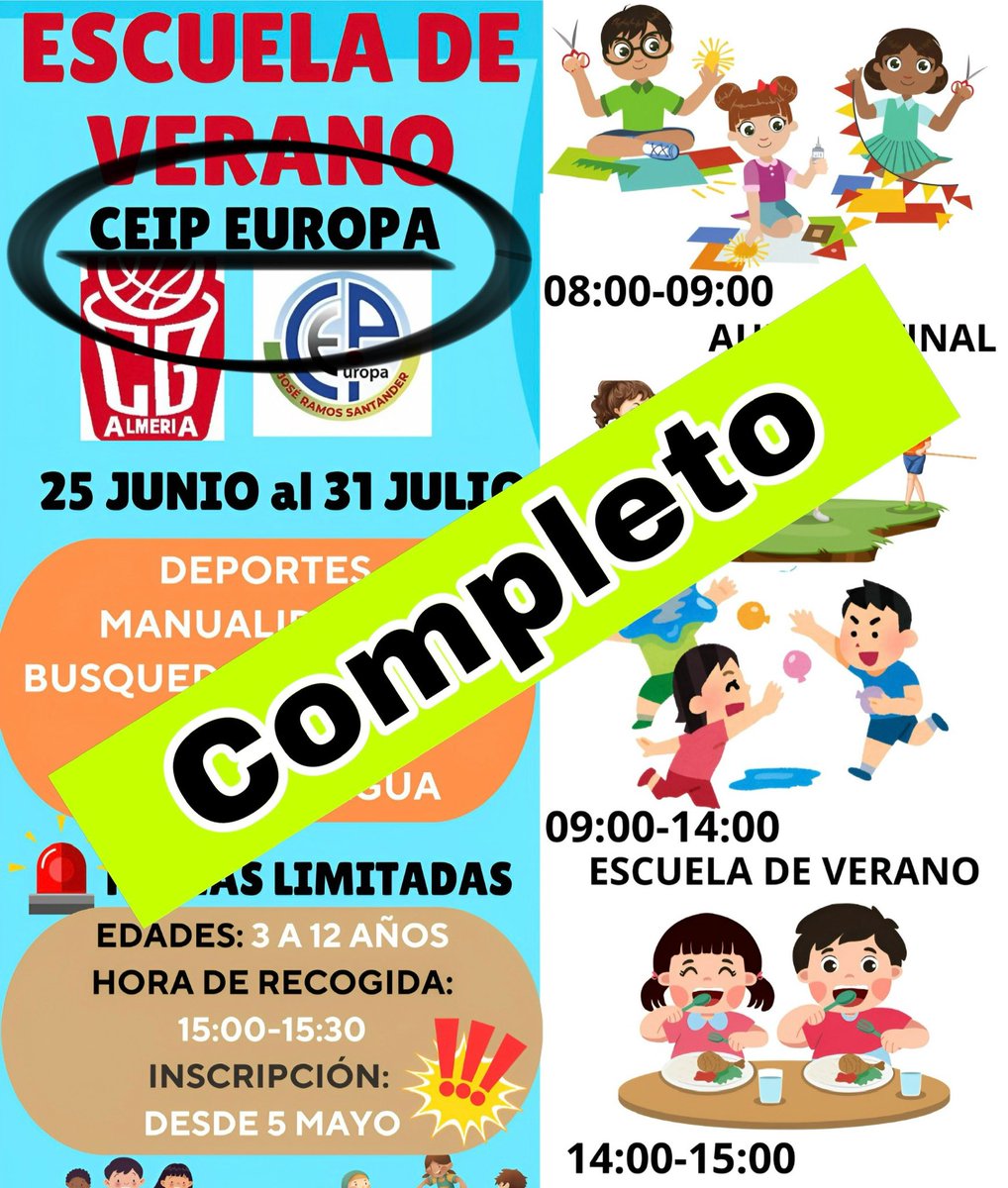 CB Almería (@cbalmeria) on Twitter photo Nuestras Escuelas de Verano van agotando plazas. En el CEIP Europa ya hemos llegado al tope.
No te descuides o tus hijos/as se quedarán sin la diversión del verano🧒 🏫 👦
#CEIPLUISSIRET
#CEIPGINESMORATA
#CEIPFREINET
cbalmeria@gmail.com Nuestras Escuelas de Verano van agotando plazas. En el CEIP Europa ya hemos llegado al tope.
No te descuides o tus hijos/as se quedarán sin la diversión del verano🧒 🏫 👦
#CEIPLUISSIRET
#CEIPGINESMORATA
#CEIPFREINET
cbalmeria@gmail.com