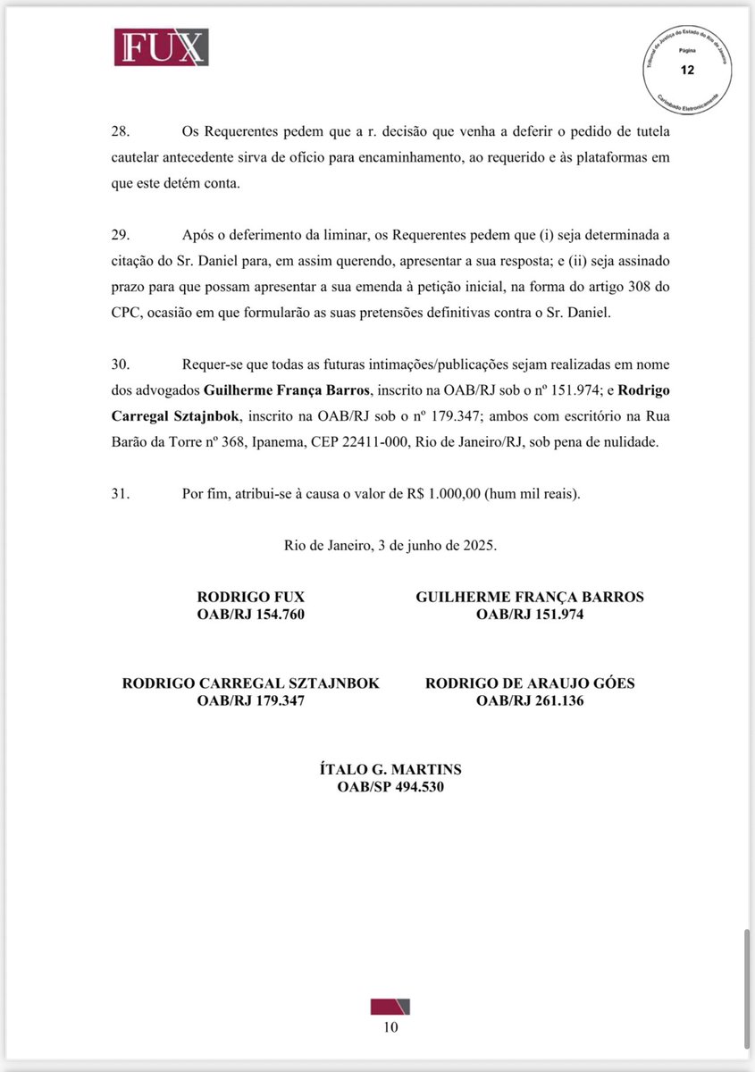 Enquanto a XP Investimentos segue em silêncio, o escritório Fux Advogados, chefiado por Rodrigo Fux - filho de Luiz Fux, segue tentando censurar o direito à liberdade.