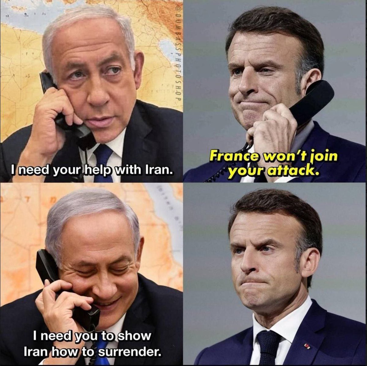 2halfquality's tweet image. -Мне нужна ваша помощь.
-Франция не присоединится к вашей атаке
-Нет, мне надо, чтобы вы показали Ирану как надо сдаваться.