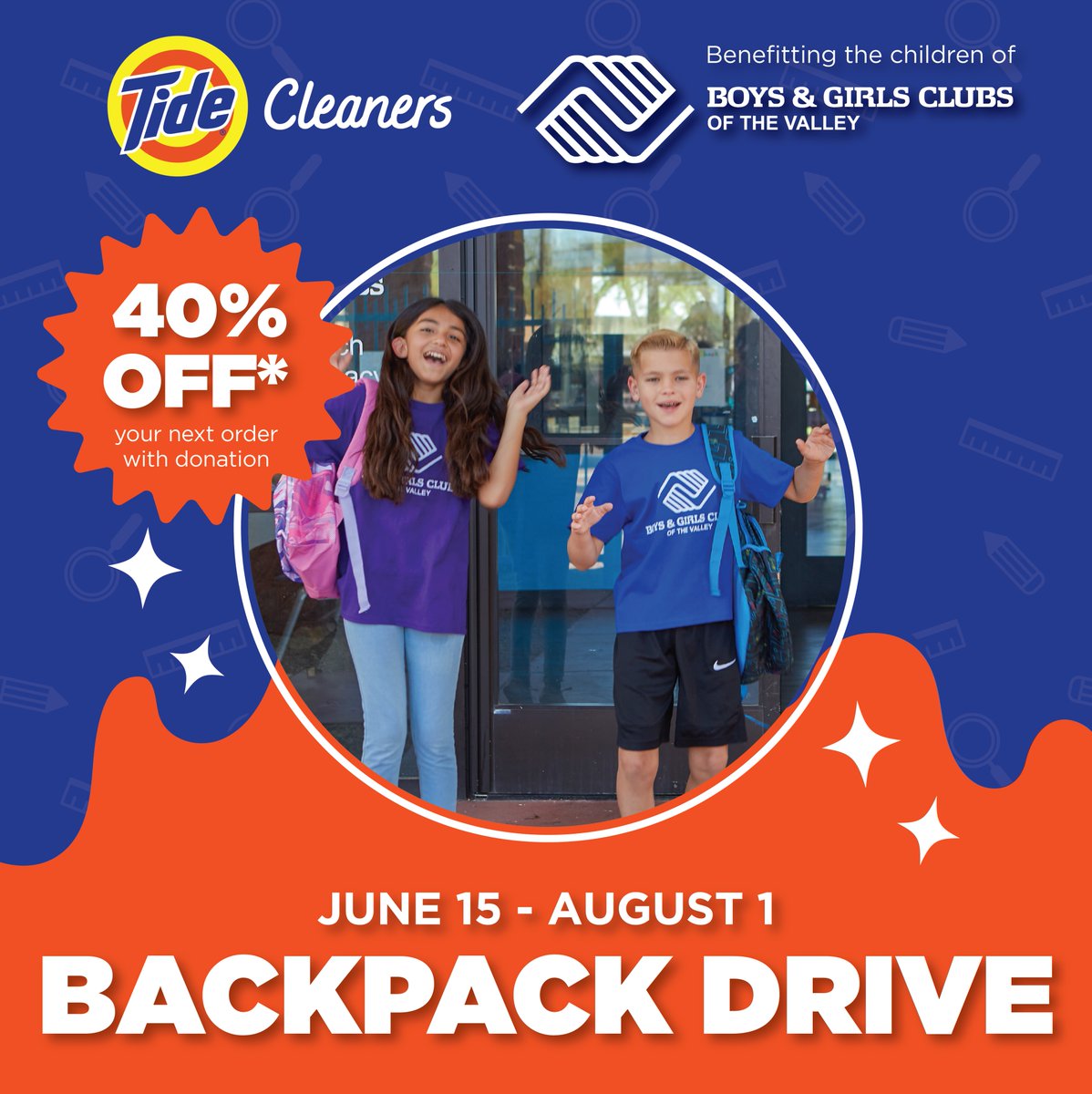 Tide Cleaners AZ (@tidecleanersaz) on Twitter photo Tide Cleaners is teaming up with <a href="/bgcarizona/">Boys & Girls Clubs of the Valley</a>! 🎒 Drop off a new backpack at any AZ location by Aug 1 to get:
✅ 40% off your next visit
✅ A shot at FREE dry cleaning for a year!*
Help local kids start school strong!
tidecleanersaz.com
For details: tidedrycleanersaz.com/news/backpackd… Tide Cleaners is teaming up with <a href="/bgcarizona/">Boys & Girls Clubs of the Valley</a>! 🎒 Drop off a new backpack at any AZ location by Aug 1 to get:
✅ 40% off your next visit
✅ A shot at FREE dry cleaning for a year!*
Help local kids start school strong!
tidecleanersaz.com
For details: tidedrycleanersaz.com/news/backpackd…