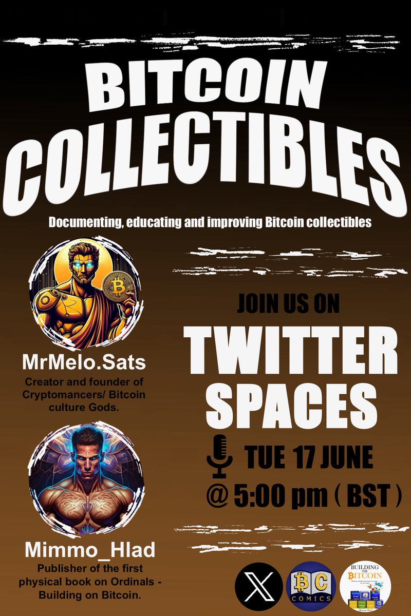 Bitcoin collectibles twitter space VOL 3. Tomorrow at 5:00 pm ( BST ) where <a href="/mrmel_m/">MrMelo.Sats 9️⃣🦋</a> and myself will discuss Collectible Satoshis and what’s next in the world of digital numismatics on Bitcoin!

All are welcome, Join Us!