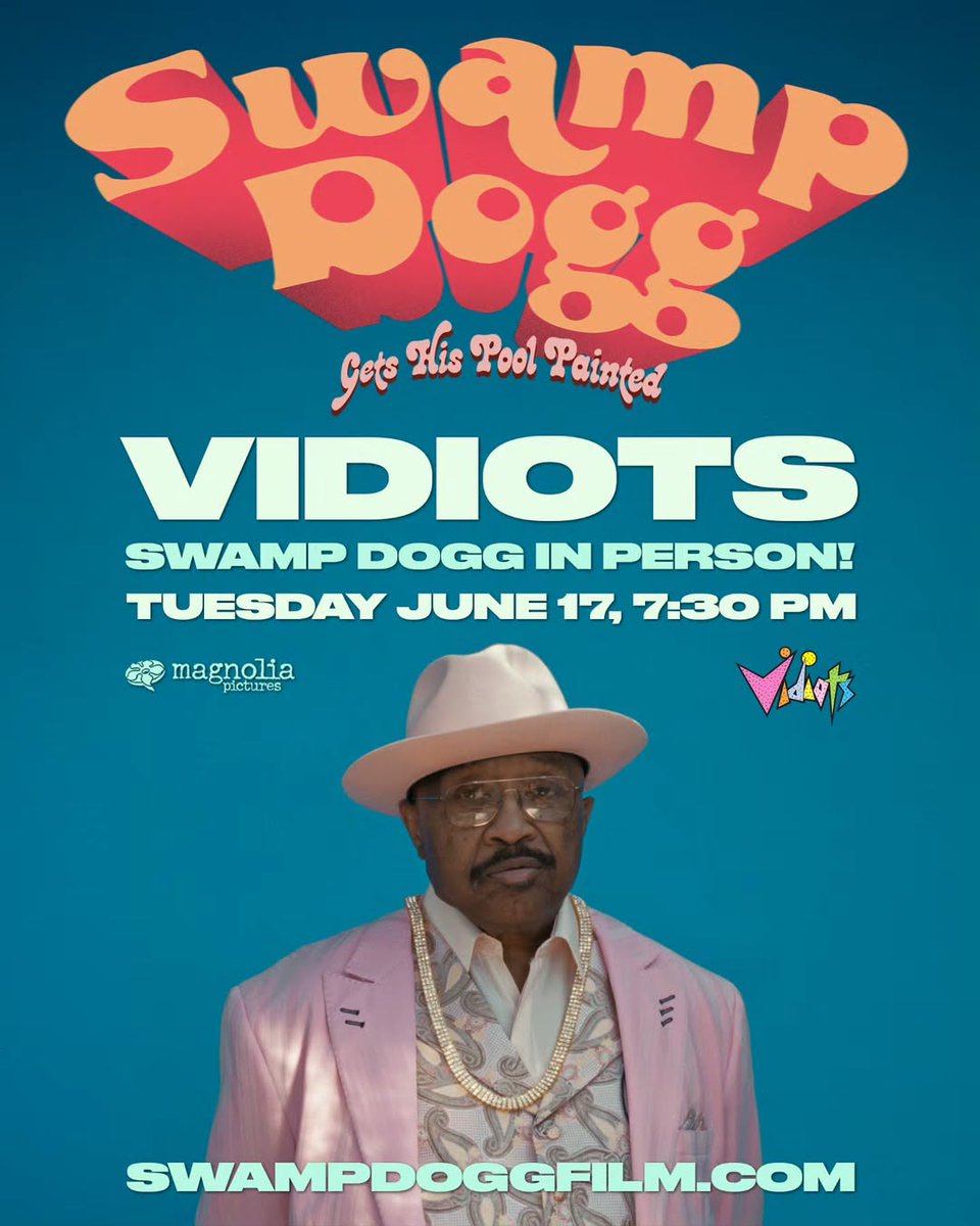 Magnolia Pictures (@magnoliapics) on Twitter photo Tomorrow at Vidiots 💞 Join <a href="/TheSwampDogg/">Jerry "Swamp Dogg" Williams</a> for a special Q&A screening of SWAMP DOGG GETS HIS POOL PAINTED, and get your paws on a copy of his brand new cookbook from <a href="/PioneerWorks_/">Pioneer Works</a> 😋
Get your tickets now: vidiotsfoundation.org/purchase/26329… Tomorrow at Vidiots 💞 Join <a href="/TheSwampDogg/">Jerry "Swamp Dogg" Williams</a> for a special Q&A screening of SWAMP DOGG GETS HIS POOL PAINTED, and get your paws on a copy of his brand new cookbook from <a href="/PioneerWorks_/">Pioneer Works</a> 😋
Get your tickets now: vidiotsfoundation.org/purchase/26329…