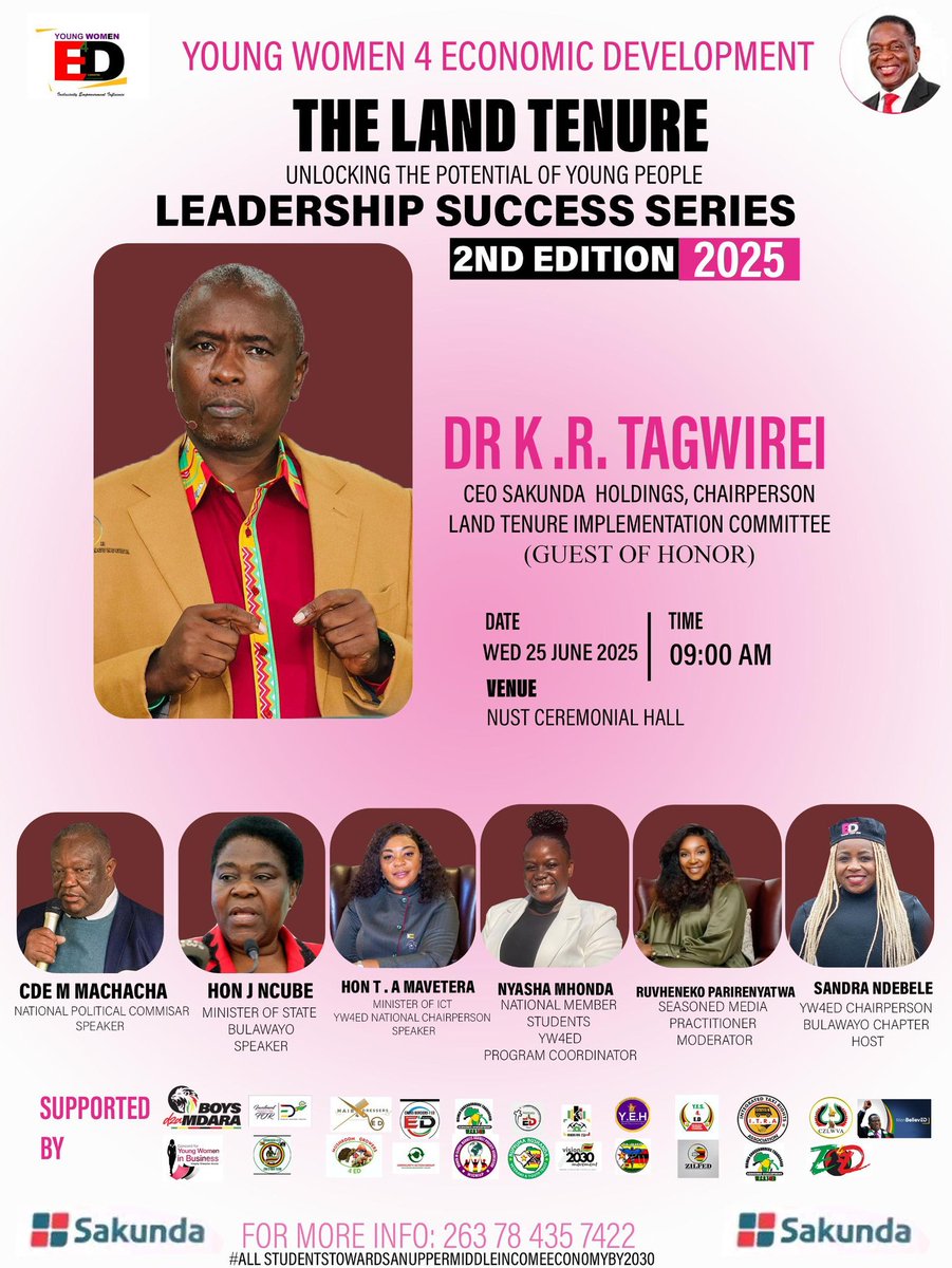 VARAKASHI4ED Bulawayo Chapterš (@varakashi4edbyo) on Twitter photo YW4ED proudly present The Land Tenure Leadership Success Series 2nd edition seminar at the National University Of Science & Technology, Ceremonial Hall on 25/6/2025
Guest: Sakunda Holdings CEO, Chair of Land Tenure Implementation Committee Dr Tagwirei
<a href="/Varakashi4ED/">Varakashi4ED</a>
<a href="/treviousnjuzu/">Calvin C Senzāngakhona M.B.A</a> YW4ED proudly present The Land Tenure Leadership Success Series 2nd edition seminar at the National University Of Science & Technology, Ceremonial Hall on 25/6/2025
Guest: Sakunda Holdings CEO, Chair of Land Tenure Implementation Committee Dr Tagwirei
<a href="/Varakashi4ED/">Varakashi4ED</a>
<a href="/treviousnjuzu/">Calvin C Senzāngakhona M.B.A</a>
