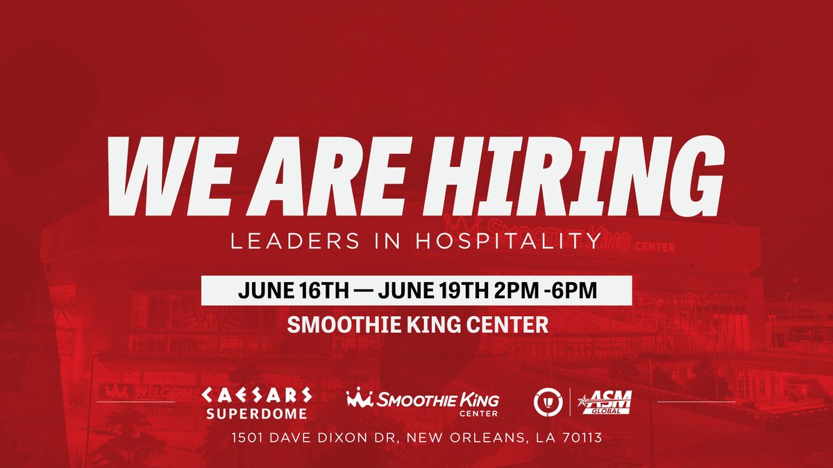 Join us at the Smoothie King Center on June 16th - June 19th from 2pm - 6pm for the Legends leaders in hospitality Job Fair! 🤩 (Appointments Only on Thursday)

Open Postions: bit.ly/3SQ5crd

#SmoothieKingCenter | #Superdome | #JobFair | #Careers  | #NowHiring