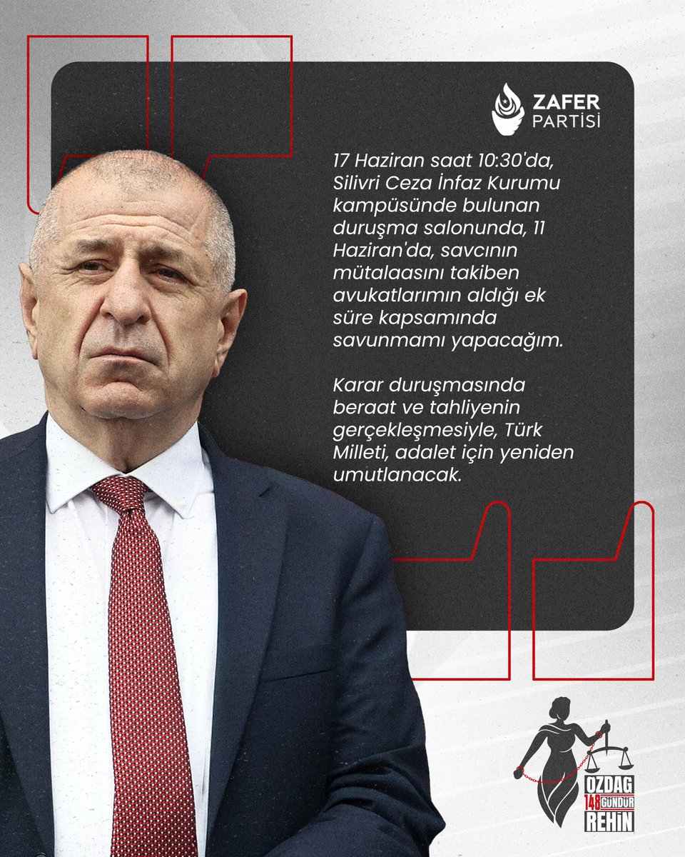 umitozdag's tweet photo. 17 Haziran saat 10.30'da, Silivri Ceza İnfaz Kurumu kampüsünde bulunan duruşma salonunda, 11 Haziran'da, savcının mütalaasını takiben avukatlarımın aldığı ek süre kapsamında savunmamı yapacağım. 

Karar duruşmasında beraat ve tahliyenin gerçekleşmesiyle, Türk Milleti, adalet için yeniden umutlanacak. 
@zaferpartisi @AliSehirlioglu @tvOnlar @ipekkozbey @eceuner12 @saygi_ozturk @fatihaltayli @ferg1923 @ismailsaymaz @cuneytozdemir @OzlemGurses @Deniz_Zeyrek @baharfeyzan @cumhuriyetgzt @gazetesozcu @nefesgazete @KararHaber @nowhaber @halktvcomtr @tele1comtr @szctelevizyonu @KRTCANLI @ankahabera