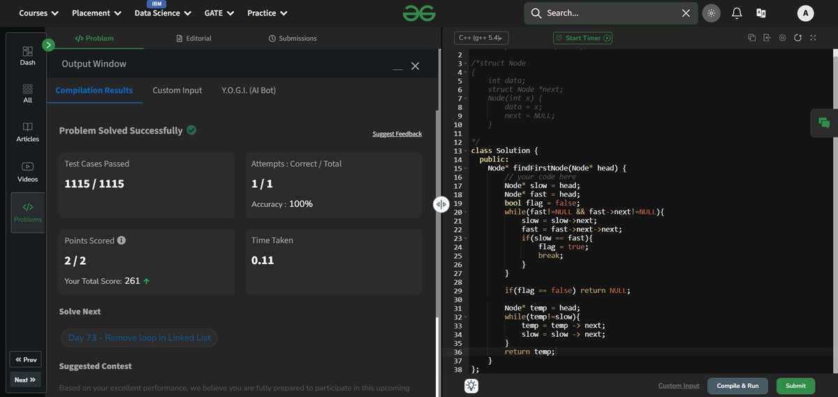 StraightNoodle_'s tweet photo. Day - 72 of GFG160 🔥 
#gfg160 #geekstreak2025 #CodingChallenge #geeksforgeeks
Another question on "Linked List" today:  
Q: Find the first node of loop in linked list
@geeksforgeeks https://t.co/r4Z14uu9YX