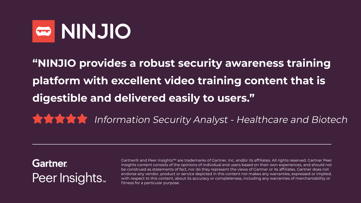 Information Security Analyst in the Healthcare and Biotech Industry gives <a href="/Im_Ninjio/">NINJIO</a> Cybersecurity Awareness Training 5/5 Rating in Gartner Peer Insights™ Security Awareness Computer-Based Training Market.

Read the full review here: hubs.la/Q03jMg7L0
#gartnerpeerinsights