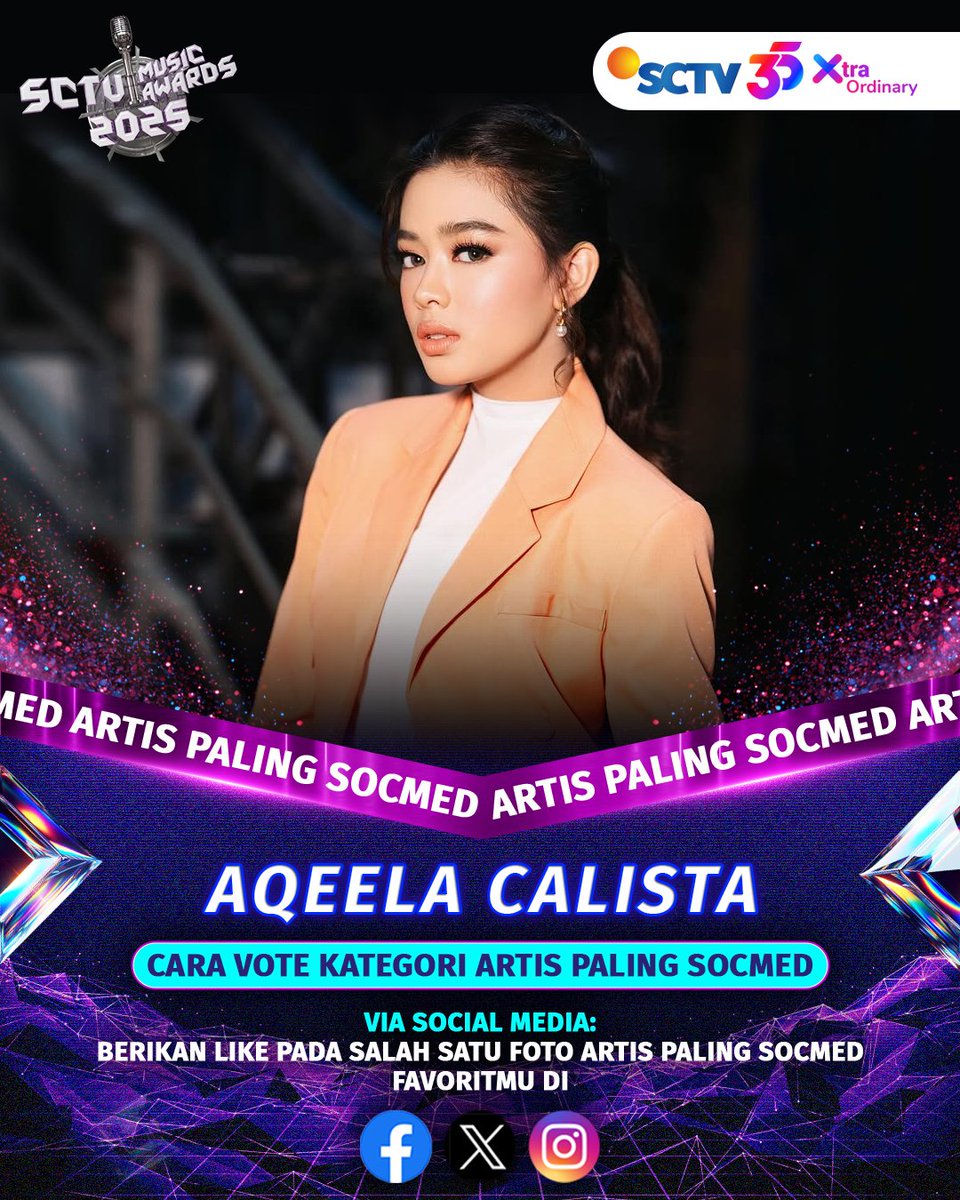 Ayo dukung Aqeela Calista untuk memenangkan kategori Artis Paling Socmed di #SCTVMusicAwards2025 dengan cara follow akun SCTV dan like foto berikut ini.

Kamu bisa berikan dukungan di Facebook, Instagram dan X SCTV.

#VOTESMA #SMA2025 #SMAAqeelaCalista #SCTVMusicAwards