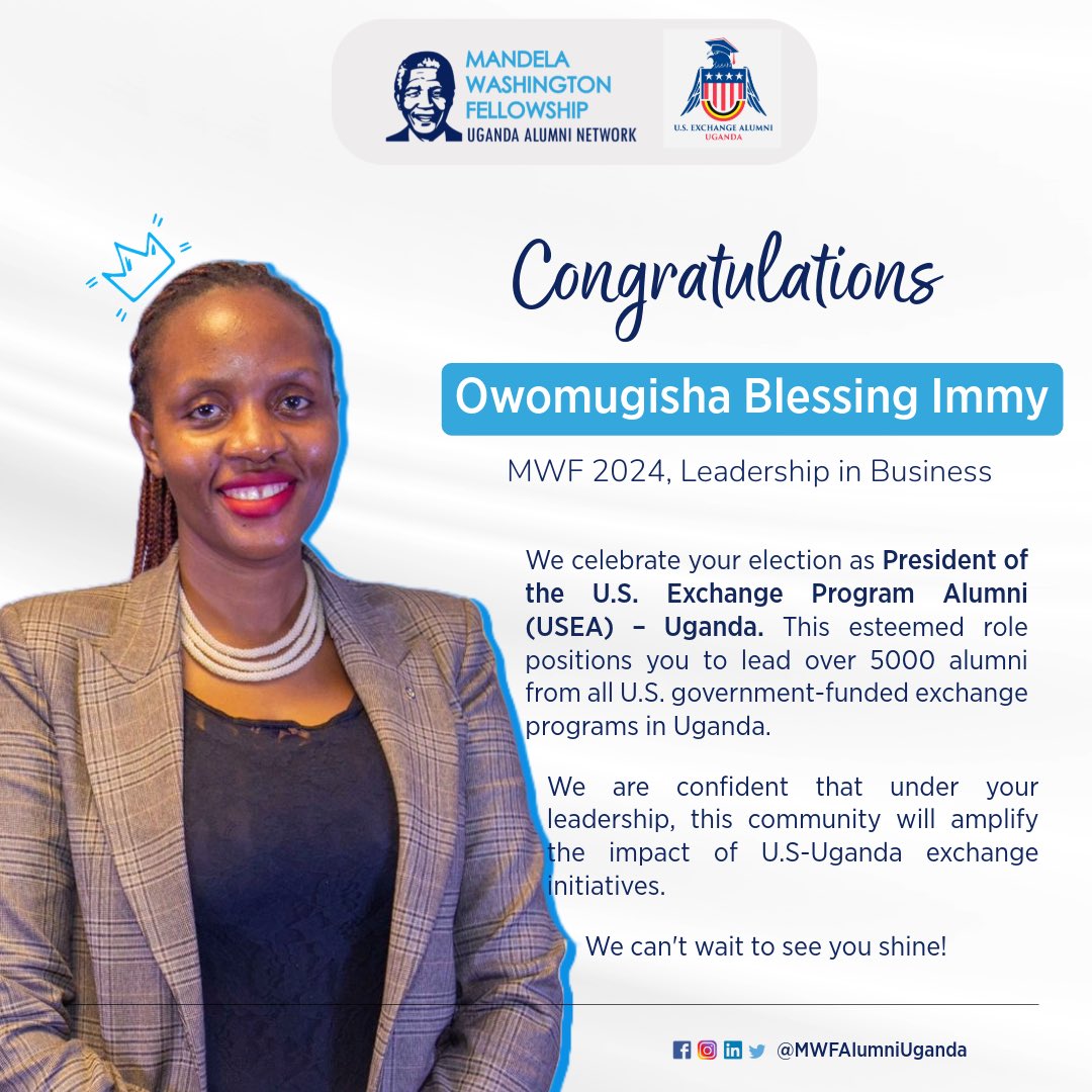 MWF Alumni Network of Uganda (@mwfalumniuganda) on Twitter photo We won’t stop cheering you on!!! 🙌🏾🥳✨
Congratulations <a href="/Bowomugisha1/">Owomugisha Blessing Immaculate</a>, your success as President Elect of USEA is a testament to your exceptional leadership and commitment to this community.
We are proud of you and can’t wait to witness the heights you’ll lead us to. We won’t stop cheering you on!!! 🙌🏾🥳✨
Congratulations <a href="/Bowomugisha1/">Owomugisha Blessing Immaculate</a>, your success as President Elect of USEA is a testament to your exceptional leadership and commitment to this community.
We are proud of you and can’t wait to witness the heights you’ll lead us to.