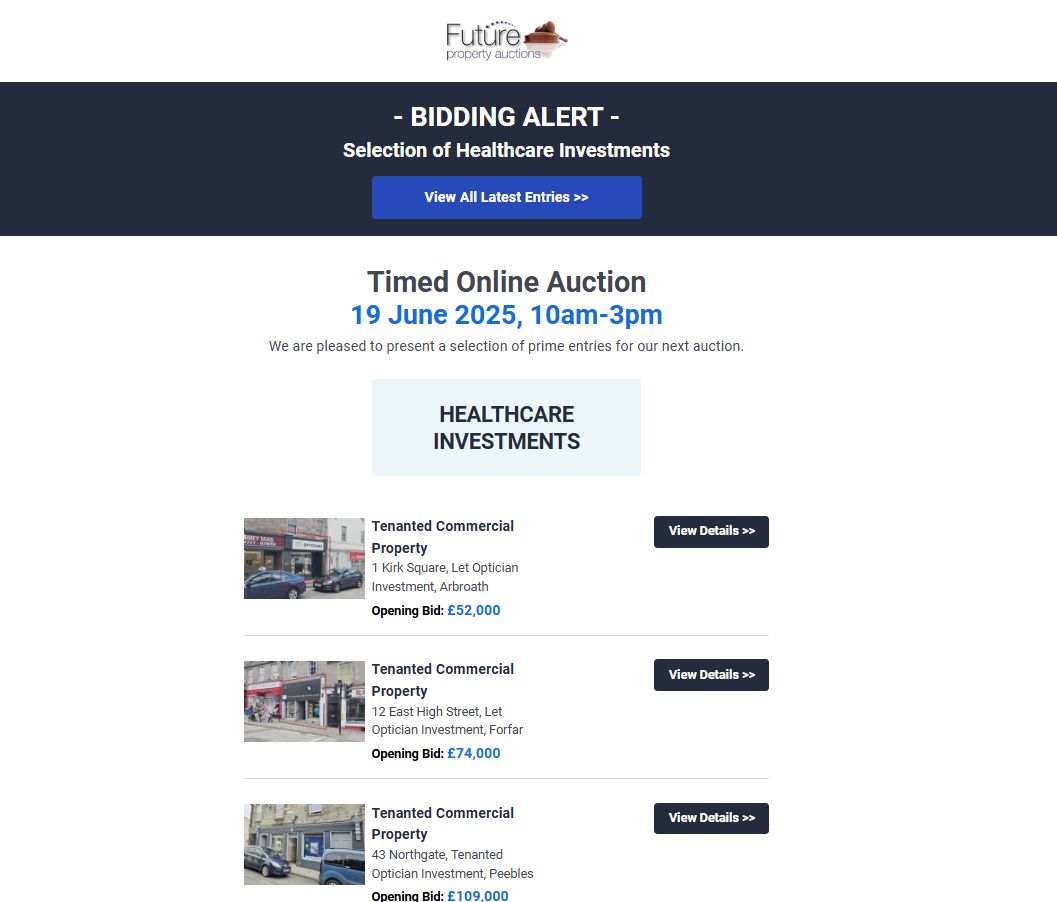 - BIDDING ALERT - Selection of Healthcare Investments
View List of Healthcare Entries >> buff.ly/ytYqAzt 
 
Timed Online Auction 19 June 2025, 10am-3pm

#propertyauction #property #propertyinvestor #auction #investment #propertyinvestment