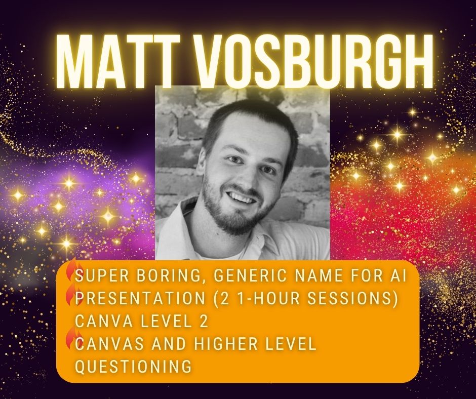 Matt is back for a solo appearance as an IGNITE Spotlight Speaker! He is the District eCoach in the South Madison CSC. Sharpen your Canvas skills, get creative with Canva, or explore what AI can do in the classroom, Matt’s sessions have something for everyone!