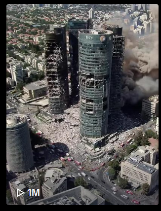 ❌ Cette image, censée représenter Tel Aviv après des frappes iraniennes, a été générée par intelligence artificielle. 

Elle provient d’une vidéo de type “drone” publiée sur la plateforme TikTok par un compte qui en a créé plusieurs du même genre.