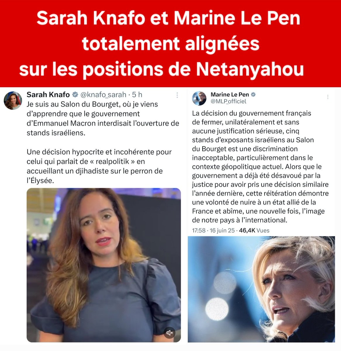 ⚠️ ALIGNÉES SUR NETANYAHOU,
LE PEN ET KNAFO PERDENT DE VUE L'INTÉRÊT SUPÉRIEUR DE LA FRANCE
🛫 Macron et le gouvernement ont décidé d'interdire l'ouverture des stands d'armement israéliens au Salon aéronautique du Bourget qui vient d'ouvrir (du 16 au 19 juin). Pour une fois,