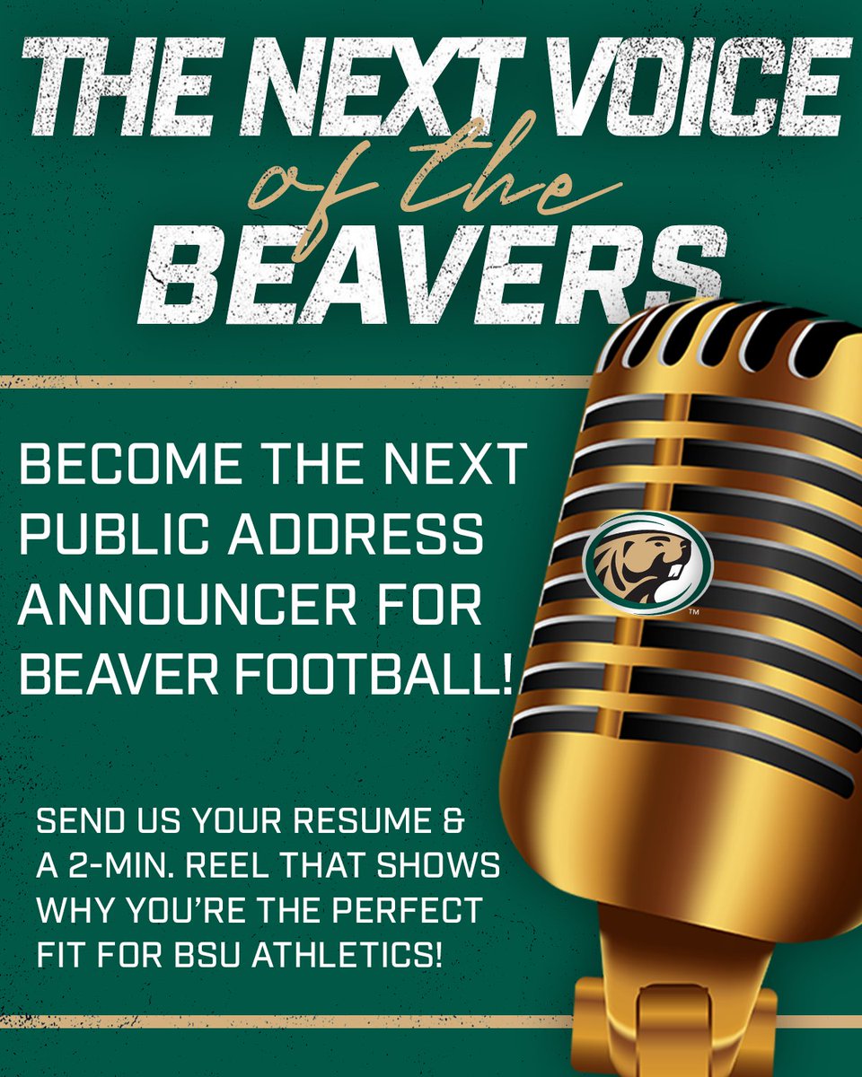Bemidji State Beavers (@bsubeavers) on Twitter photo 🎙️We're on the lookout for the next Voice of <a href="/BSUBeaversFB/">Bemidji State Football</a>!
Send in your resume and a two-minute reel of why you'd be the perfect fit for the Beaver Football PA Announcer to Kristin.farris@bemidjistate.edu.
Who's ready to join #BeaverTerritory? 🎙️We're on the lookout for the next Voice of <a href="/BSUBeaversFB/">Bemidji State Football</a>!
Send in your resume and a two-minute reel of why you'd be the perfect fit for the Beaver Football PA Announcer to Kristin.farris@bemidjistate.edu.
Who's ready to join #BeaverTerritory?
