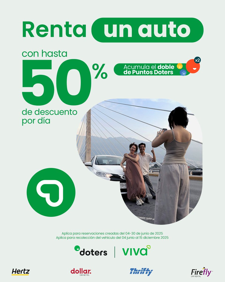 ¡Viva pensó en todo! 😎✈️ Haz tu viaje más sencillo y renta un auto con hasta 50% de descuento por día. Y al reservar, acumula puntos Doters para seguir volando. 🚗✨ ¡Conoce más! 👉 tinyurl.com/3nc49eh4