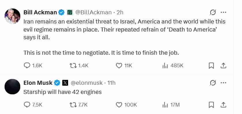 [See attached picture, Bill Ackman &amp; Elon Musk] These two businesspeople who joined the MAGA camp as (former) allies: 

One (Bill Ackman) is still pushing for U.S. support of Israel’s strikes on Iran—a “neocon” hiding in MAGA’s ranks, always exposing his true face and agenda at
