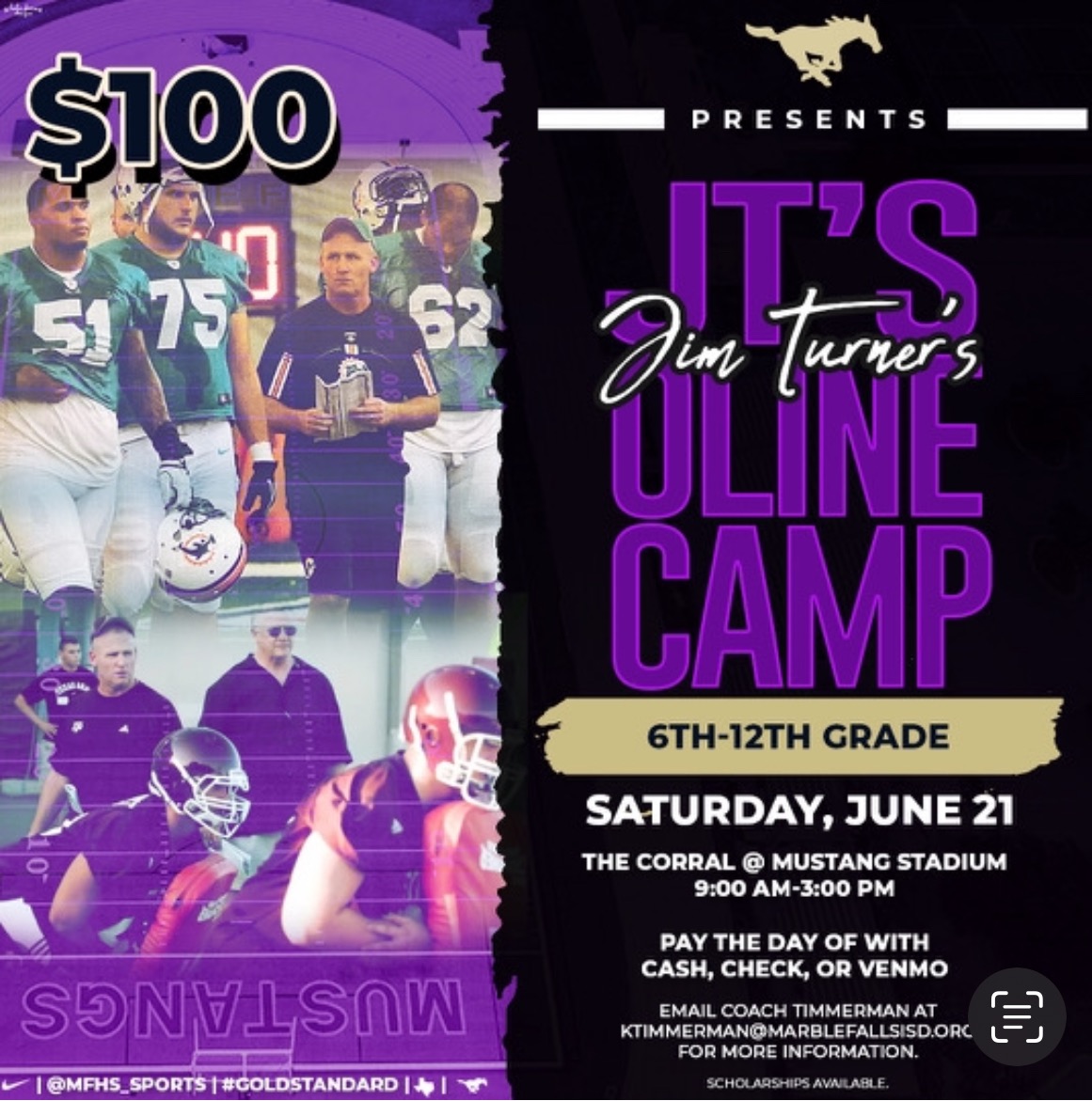 Hill Country O-Lineman 5th-12th grades. JT's O Line Camp this Saturday! Offensive Line specific camp to focus on run/pass blocking. Great for development.  Sat at Mustang Stad!   June 21st 9am - 3pm Reg is on site. Scholarships available. 
$100 Cash/Check/Venmo