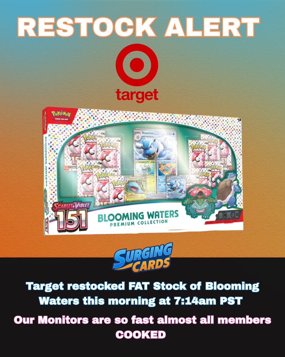 Stop missing restocks. Start securing wins.
Our members are scooping up $1,000+ worth of product — all at retail — before most people even know it’s live.

You can keep struggling… or you can join the ones eating.
👉 discord.gg/surgingcards