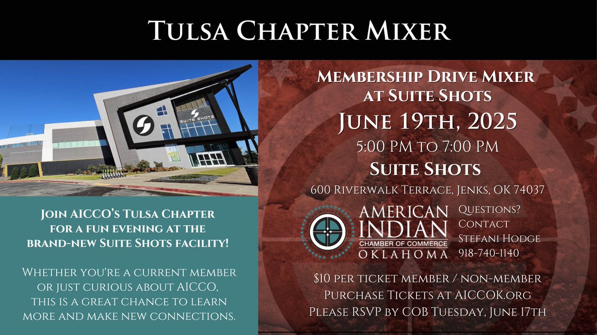 You're Invited! AICCO Tulsa Chapter Networking Night at Suite Shots

Secure Your Spot Here: eventbrite.com/e/tulsa-chapte…

We’d love to see you there! Please RSVP by COB on June 17

#AICCOk #Oklahoma #Native #Tribal #NativeBusiness #Chamber