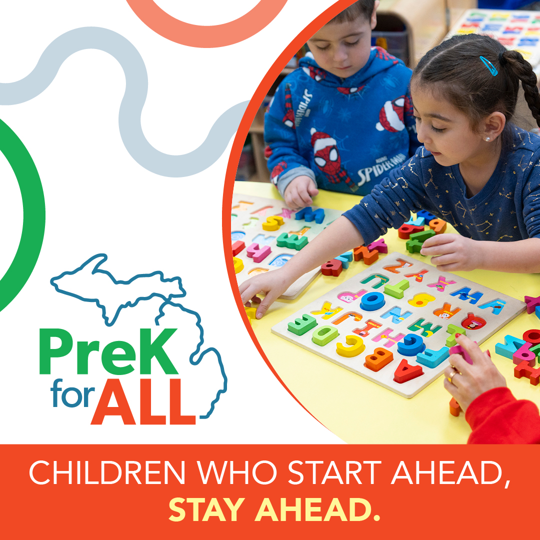 Enrollment in high-quality PreK is now open for 4-year-olds for the 2025-26 school year! 

Michigan’s PreK for All helps ensure families have access at NO COST. 

Learn more at MiPreKforAll.org

#PreKforAll #MIPreKforAll